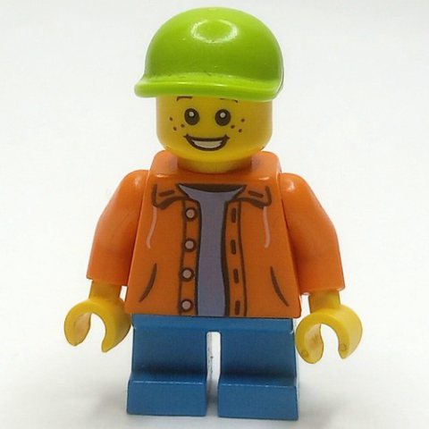 Minifigurka LEGO Kid - Orange Torso, Dark Azure Legs, Lime Cap