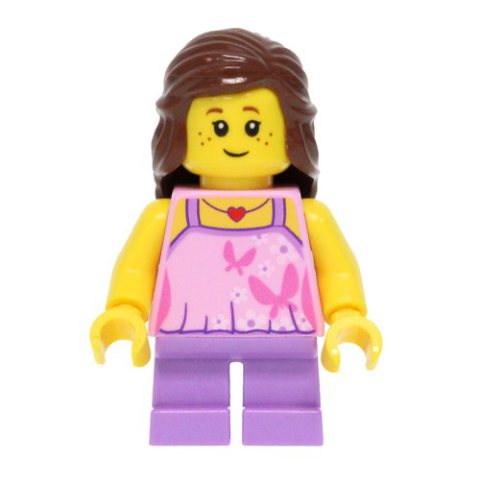 Minifigurka LEGO Kid - Bright Pink Torso, Medium Lavender Legs, Reddish Brown Hair
