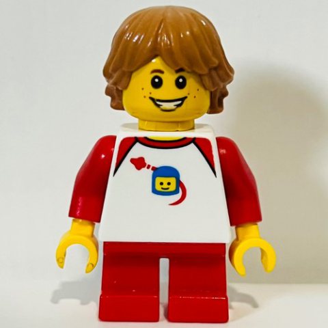 Minifigurka LEGO Kid - White Torso, Red Legs, Medium Nougat Hair