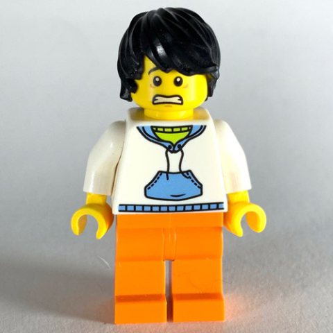 Minifigurka LEGO White Torso, Orange Legs, Black Hair