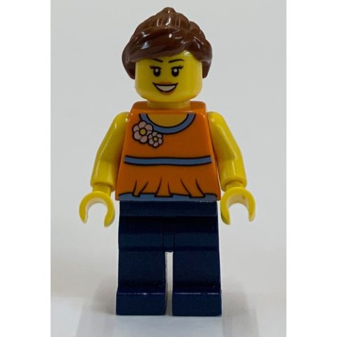 Minifigurka LEGO Orange Torso, Dark Blue Legs, Reddish Brown Hair