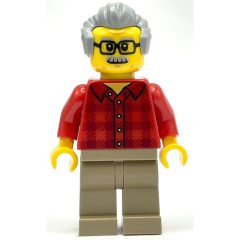 Minifigurka LEGO Red Torso, Dark Tan Legs, Light Bluish Grey Hair