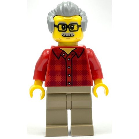 Minifigurka LEGO Red Torso, Dark Tan Legs, Light Bluish Grey Hair