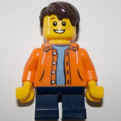 Minifigurka LEGO Kid - Orange Torso, Dark Blue Legs, Dark Brown Hair