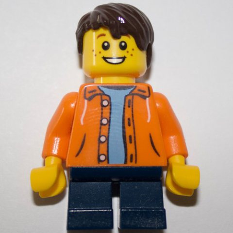 Minifigurka LEGO Kid - Orange Torso, Dark Blue Legs, Dark Brown Hair