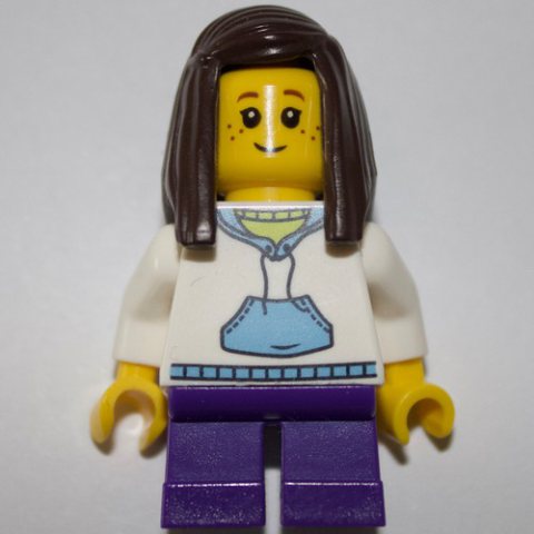 Minifigurka LEGO Kid - White Torso, Dark Purple Legs, Dark Brown Hair