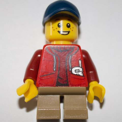 Minifigurka LEGO Kid - Red Torso, Dark Tan Legs, Dark Blue Cap