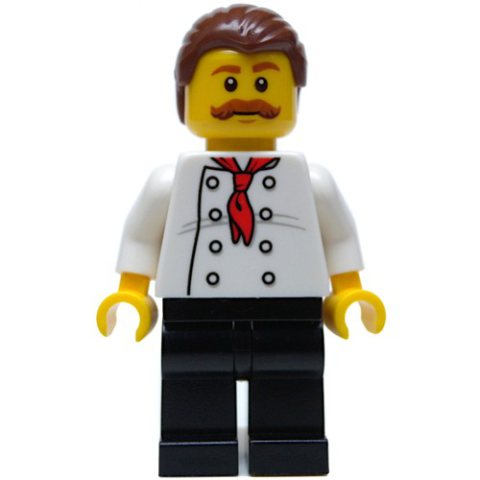 Minifigurka LEGO Chef, Red Neckerchief, Black Legs, Reddish Brown Hair, Moustache