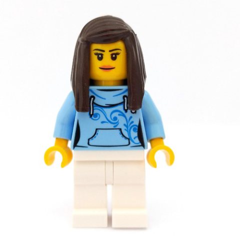 Minifigurka LEGO Woman, Bright Light Blue Hoodie, White Legs, Dark Brown Hair