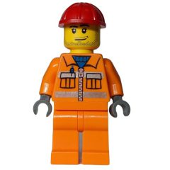 Minifigurka LEGO Construction Worker, Orange Jacket with Zipper and Reflective Stripes, Orange Legs, Red Hard Hat, Stubble