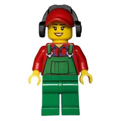 Minifigurka LEGO Woman, Green Overalls over Red Paid Shirt, Red Cap with Ear Defenders