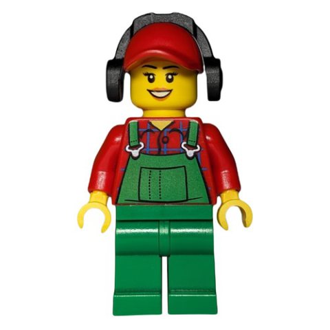 Minifigurka LEGO Woman, Green Overalls over Red Paid Shirt, Red Cap with Ear Defenders
