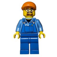 Minifigurka LEGO Man, Blue Overalls over Shirt, Blue Legs, Orange Cap, Safety Glasses and Goatee Beard