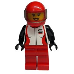 Minifigurka LEGO Racer, Woman, Black, Red, and White Jacket, Red Legs, Red Helmet with Visor