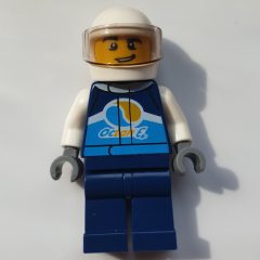 Minifigurka LEGO Racer, Dark Blue Jumpsuit with Octan E Logo, White Helmet with Visor