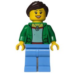 Minifigurka LEGO Woman, Open Green Jacket with Necklace, Dark Brown Hair