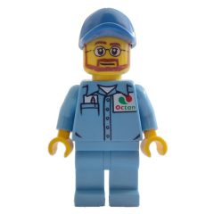 Minifigurka LEGO Man, Medium Blue Shirt with Octan Logo, Medium Blue Legs, Blue Cap, Beard and Glasses