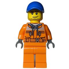Minifigurka LEGO Construction Worker, Safety Jacket over Hoodie with Belt, Orange Legs, Blue Cap, Stubble