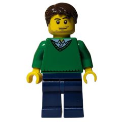 Minifigurka LEGO Man, Green V-Neck Sweater, Dark Blue Legs, Dark Brown Hair, Stubble