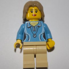 Minifigurka LEGO Woman, Medium Blue Polo Shirt with Necklace, Tan Legs, Dark Tan Hair