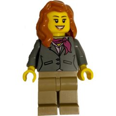 Minifigurka LEGO Woman, Dark Bluish Gray Jacket with Magenta Scarf, Dark Tan Legs, Dark Orange Hair