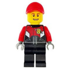 Minifigurka LEGO Racer, Black and Red Jumpsuit, Red Cap