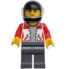 Minifigurka LEGO Woman, Red and White Letterman Jacket, Dark Bluish Gray Legs, Black Helmet with Visor