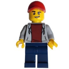 Minifigurka LEGO Man, Open Light Bluish Gray Hoodie over Dark Red Shirt, Dark Blue Legs, Red Cap