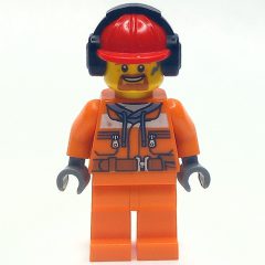 Minifigurka LEGO Construction Worker, Safety Jacket over Hoodie with Belt, Orange Legs, Red Hard Hat with Ear Defenders, Goatee Beard