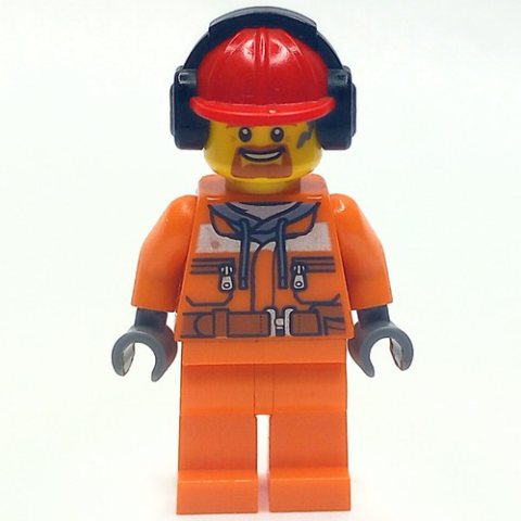 Minifigurka LEGO Construction Worker, Safety Jacket over Hoodie with Belt, Orange Legs, Red Hard Hat with Ear Defenders, Goatee Beard