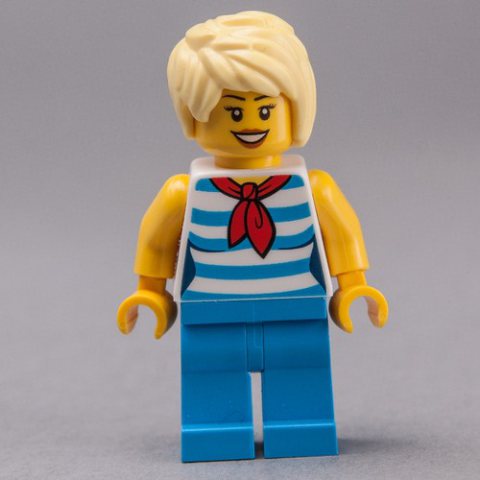 Minifigurka LEGO Woman, White and Dark Azure Striped Tank Top with Red Neckerchief, Dark Azure Legs, Bright Light Yellow Hair