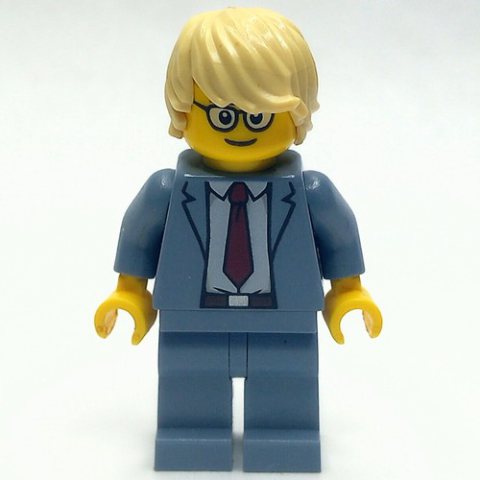 Minifigurka LEGO Man, Sand Blue Suit with Red Tie, Tan Hair, Glasses