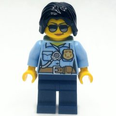 Minifigurka LEGO Policewoman, Bright Light Blue Shirt with Radio and Badge, Dark Blue Legs, Black Hair, Sunglasses