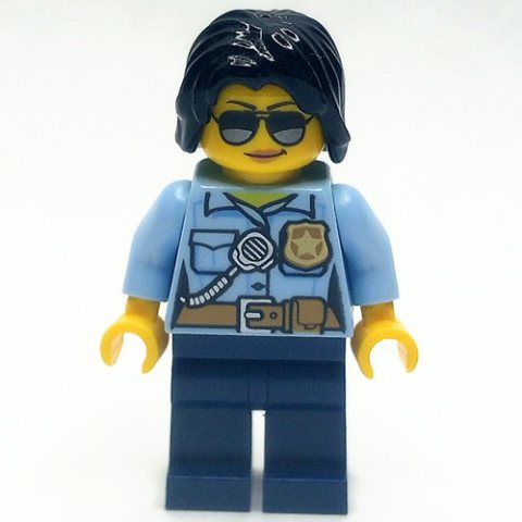 Minifigurka LEGO Policewoman, Bright Light Blue Shirt with Radio and Badge, Dark Blue Legs, Black Hair, Sunglasses