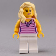 Minifigurka LEGO Woman, Bright Pink and Dark Pink Striped Top, White Legs, Bright Light Yellow Hair