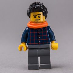Minifigurka LEGO Man, Dark Blue Plaid Shirt, Dark Bluish Gray Legs, Black Hair, Orange Scarf, Stubble