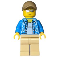 Minifigurka LEGO Man, Open Dark Azure Hawaiian Shirt, Tan Legs, Dark Tan Cap, Silver Sunglasses