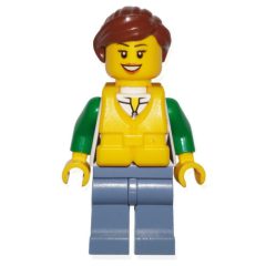Minifigurka LEGO Woman, Green and White Jacket with Zipper, Sand Blue Legs, Reddish Brown Hair, Yellow Life Vest