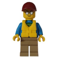 Minifigurka LEGO Man, Open Dark Azure Hoodie over Lime Shirt, Dark Tan Legs, Dark Red Cap, Yellow Life Vest, Silver Sunglasses