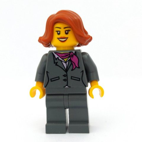 Minifigurka LEGO Woman, Dark Bluish Gray Suit with Magenta Scarf, Dark Orange Hair