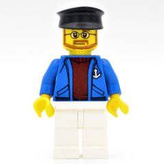 Minifigurka LEGO Sailor, Open Blue Jacket with Anchor over Dark Red Sweater, White Legs, Black Hat, Beard and Glasses