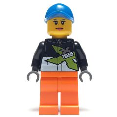Minifigurka LEGO Racer, Woman, Black Jacket with Extreme Team Logo, Orange Legs, Blue Cap
