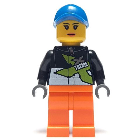 Minifigurka LEGO Racer, Woman, Black Jacket with Extreme Team Logo, Orange Legs, Blue Cap