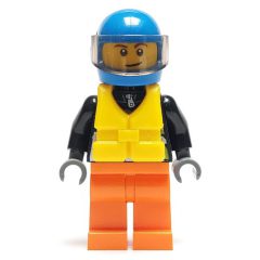 Minifigurka LEGO Racer, Black Jacket with Extreme Team Logo, Orange Legs, Blue Helmet with Visor, Yellow Life Vest