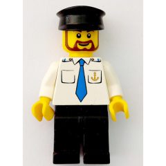 Minifigurka LEGO Ship Captain, White Shirt with Anchor and Tie, Black Legs, Black Hat, Beard