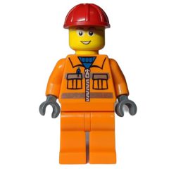 Minifigurka LEGO Construction Worker, Orange Jacket with Zipper and Reflective Stripes, Red Hard Hat, Glasses
