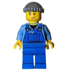 Minifigurka LEGO Man, Blue Overalls over Shirt, Blue Legs, Dark Bluish Gray Hat, Stubble