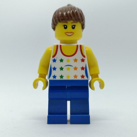 Minifigurka LEGO Woman, White Vest with Stars, Blue Legs, Reddish Brown Hair