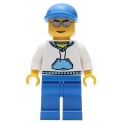 Minifigurka LEGO Man, White and Blue Hoodie, Blue Legs, Blue Cap, Silver Sunglasses