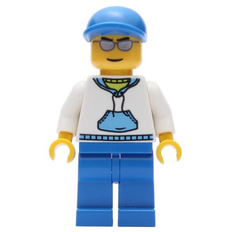 Minifigurka LEGO Man, White and Blue Hoodie, Blue Legs, Blue Cap, Silver Sunglasses